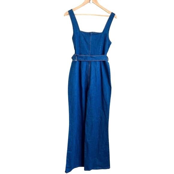 Y2K Wide Leg Womens Denim Jumpsuit Size M Blue Concert Festival Boho High Waist - Picture 2 of 9